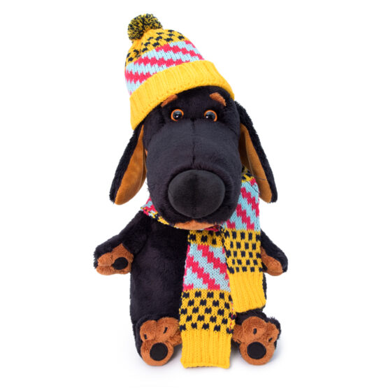 Dog Vakson in scarf and hat